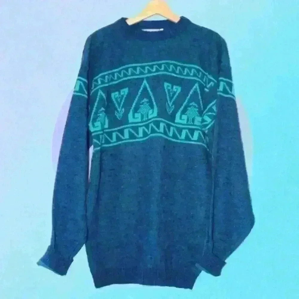 Vintage Le Tigre Men's Pullover Sweater - Size L, Geometric Pattern, Made in USA